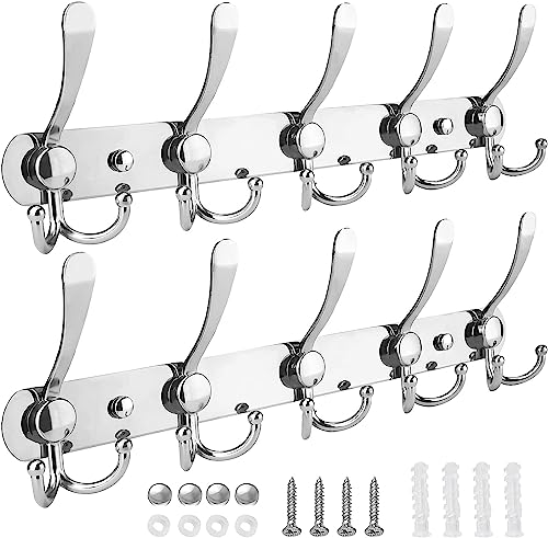 Image of Stainless Steel 5 Pin with Double Alloy Hook Cloth Hanger Wall Mounted Bathroom Cloth Hanger,Cloth Wall Hook,Door Hooks Rail for Hanging Keys, Clothes, Towel (Pack of 2, Silver)