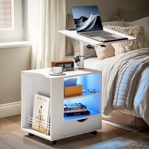 Pamapic Nachttisch mit LED-Beleuchtung, Beistelltisch mit Verstellbarer Höhe, Nachtkästchen mit Schubladen & Offene Regale, Mobil Nachttische mit Rollen für Schlafzimmer, Wohnzimmer,Büro, Weiß