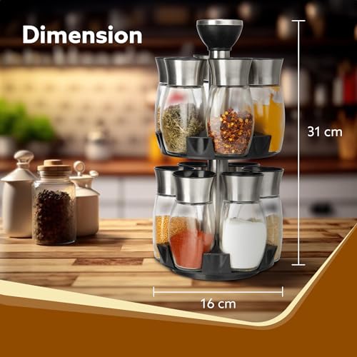 Image of AGARO Elegant Glass Spice Jar with Holder, Set of 12, Spinning Spice Storage Rack, Rotating Spice Holder, Spice Containers, Spice Seasoning Organizer, Masala box for Kitchen, Kitchen Storage Rack