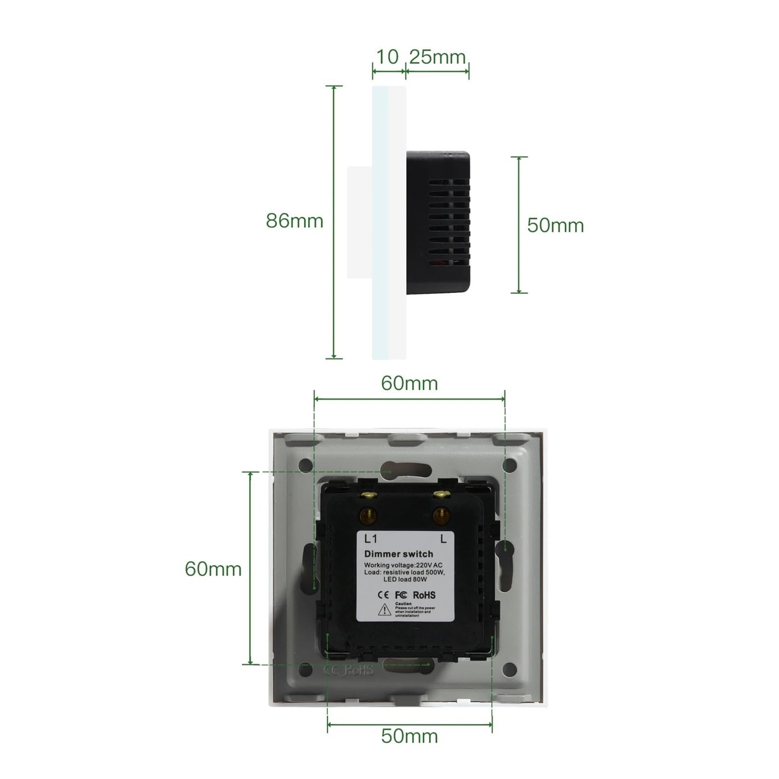 Interruptor de luz con perilla giratoria ajustable, interruptores de pared de cristal(Gray)