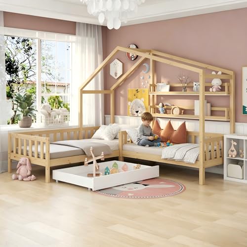 Lexiou Cama Infantil casa con cajones y estantes, Madera Maciza con Valla y somier, Estructura en L (Natural)