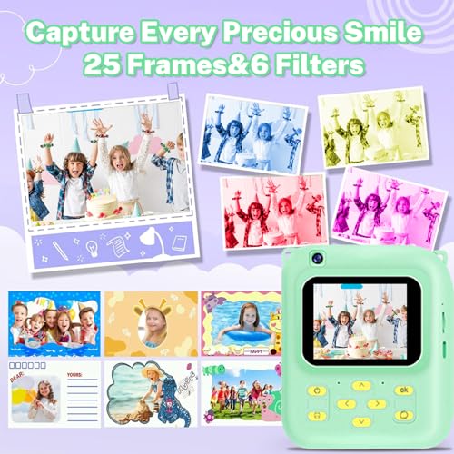 Image of Instant Print Camera for Kids, 1080P Video Camera with 3 Print Rolls | 32GB Card & Cute Cover, Gift for Girls Boys Age 3-12, Toddler Digital Camera with Games, Filters, Music - Green