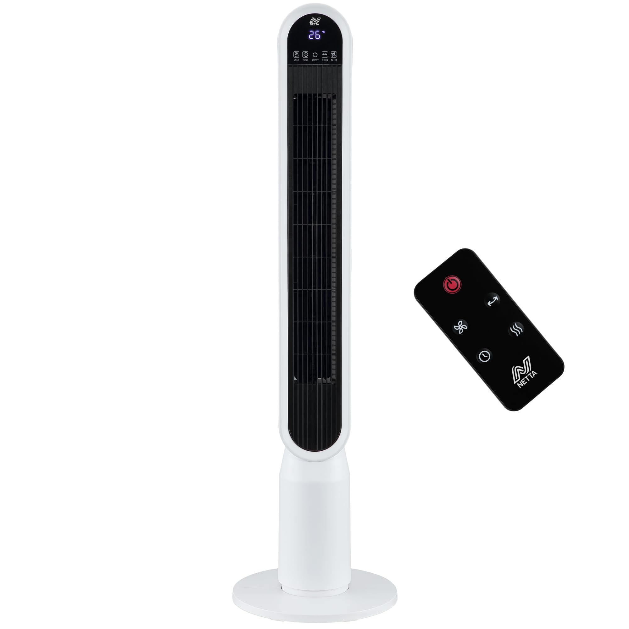 NETTA 42 Inch Tall Tower Fan with Remote Control - Bladeless Oscillating Fan with LED Display & 8-Hour Timer - 4 Speed Settings, 4 Wind Modes - Electric Floor Fan for Home, Kitchen & Office - White