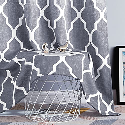 Grey Ombre 100 Blackout Curtains 84 Inches Long For Bedroom Living Room, Geometric Pattern Printed On White Window Treatments, Grommet Top Thermal Insulated Drapes 52" W 2 Panel Sets #TOP4