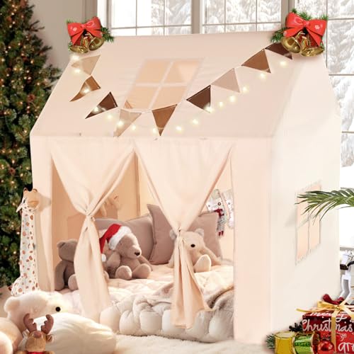Image of Kids Play Tent, Large Kids Playhouse with mat, Light and Banner, Bohemian Tent with Top Window, Easy to Wash, Indoor and Outdoor Play Tent for Kids, Ivory Color,52x35x52
