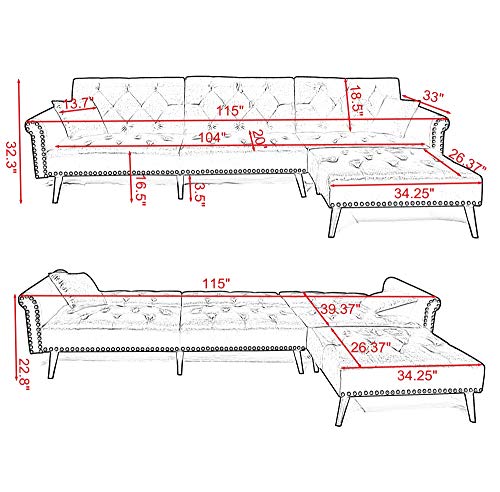 elvet Fabric Sectional Sofa Set Corner Couch with Chaise Lounge Living Room Furniture (Navy Blue) - Thumbnail 7