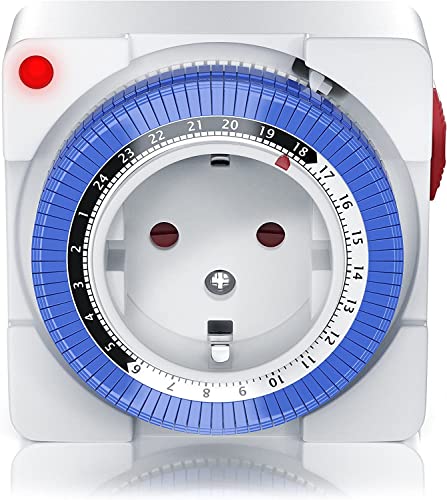 Caratteristiche e funzionalità del prodotto: Indicatore di stato (si illumina in rosso quando la corrente passa) | Funzione: 24 ore suddivise in 96 singole sezioni di 15 minuti ciascuna / 96 cursori blu (disposti in un cerchio sulla parte anteriore) possono essere premuti per impostare individualmente gli orari in cui la corrente alimenterá la periferica connessa| Anello interno: utilizza i valori 1-24 per impostare l'ora del giorno in ore (collegato al cursore) - l'indicazione dell'ora sull'ane