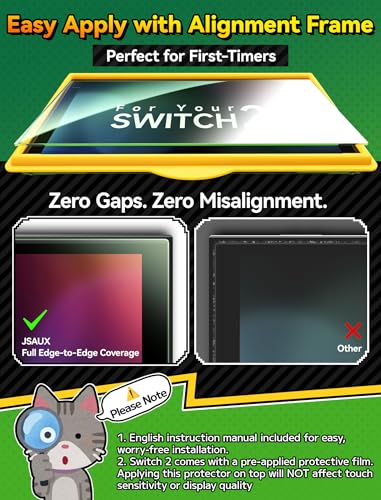 Image of JSAUX 2-Pack 97% Blue Light Blocking Tempered Glass Screen Protector for Nintendo Switch 2, Easy to Install with Guide Frame, Eye Strain Relief, 9H Hardness Scratch Resistant Accessories for Switch2