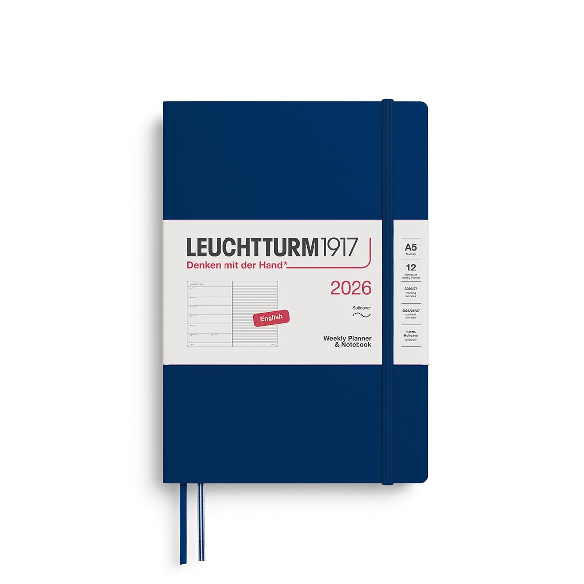 LEUCHTTURM1917 372682 Weekly Planner & Notebook Medium (A5) 2026, Softcover, 12 Months, Navy, English