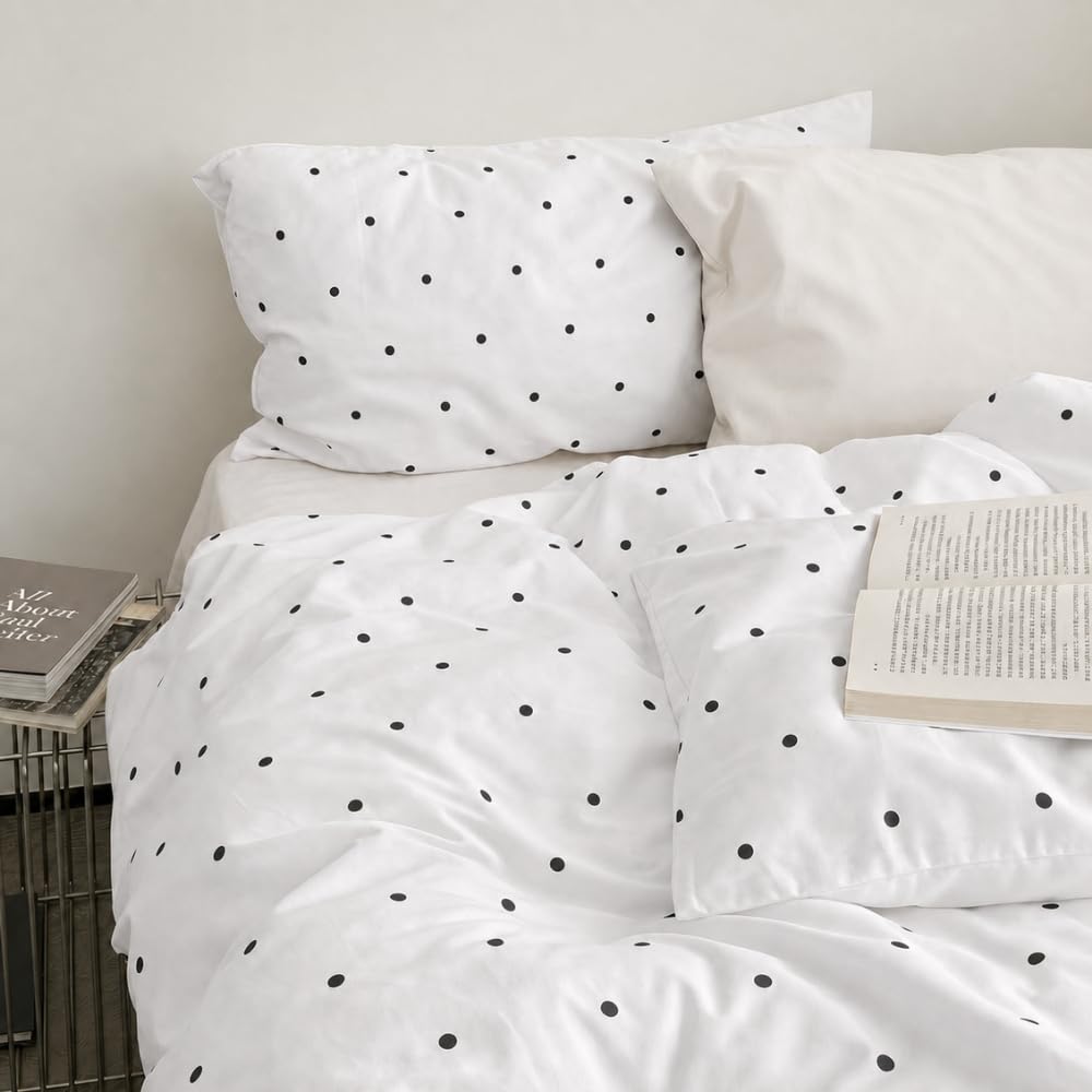 Michorinee King Size Duvet Cover Set Black Polka Dot Pattern White Bedding