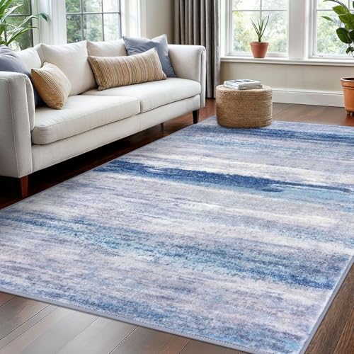 KOZYFLY Washable Area Rug 5x7 Modern Ombre Thin Rugs for Living Room Non-Slip Soft Striped Area Rug for Bedroom, Print Distressed Blue/Grey/Beige Abstract Carpet for Kid Room