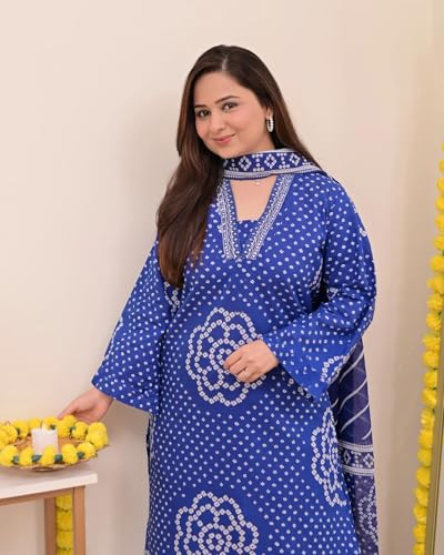 Image of Klosia Women Pure Cotton Kurta Pant Set with Dupatta | Bandhani Print Kurta Sets for Women | Comfortable Suit Sets|Regular Fit