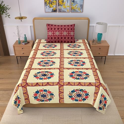 Image of 100% Cotton Single Bedsheet with 1 Pillow Cover | 240 TC Pure Cotton Flat Bed Sheet | Traditional Jaipuri Printed Bedding Set | Soft & Breathable | 60 x 90 Inch (Rangmahal Single 70)