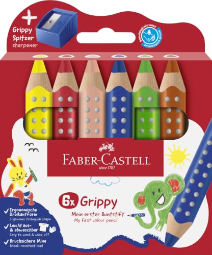 FABER-CASTELL - Matite colorate Grippy, 6 matite da disegno e temperino