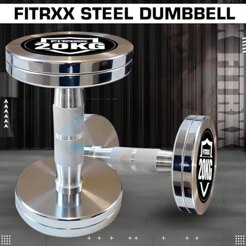Image of Fitrxx Pair of chrome plated steel Fixed Weight Dumbbells - Gym equipment for home workout | Fitness Gym Dumbbell set for Muscles | stainless steel dumbles set | Dumbell Weights for Workout (Silver, 20 Kg Pair)