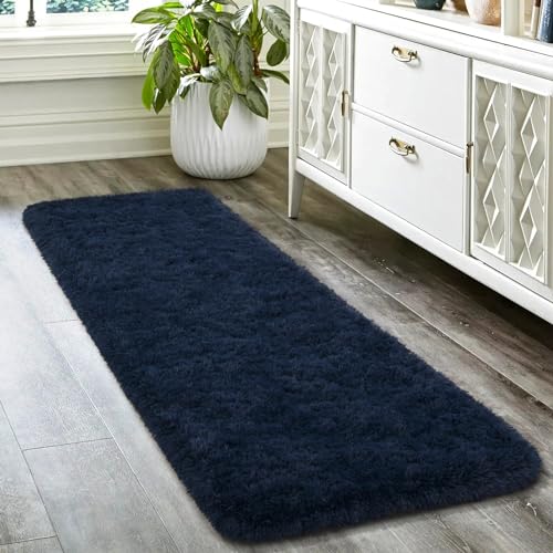 HOMORE 2'x6' Runner Rugs for Bedroom, Navy Blue Ruuner Rug for Hallway Entryway Laundry, Modern Shag Bedroom Runner Cute Carpets for Kids Dorm Bedside