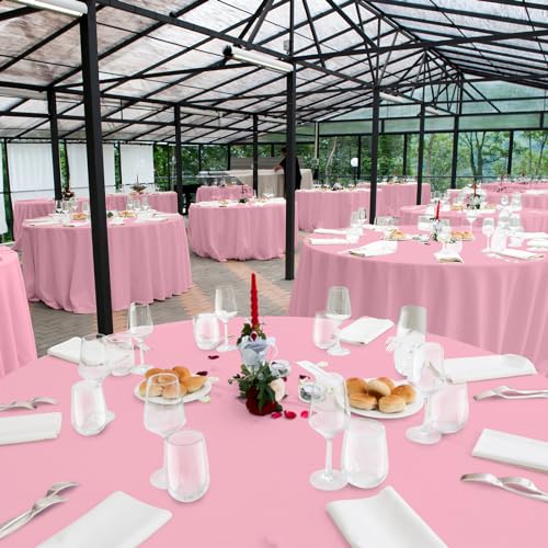 Image of 16 Pack Light Pink Plastic Tablecloth for Round Tables, Premium Decorative Pink Disposable Table Cloths for Parties, Bulk Round Party Table Cover for Birthday Wedding Anniversary Graduation, 84 Inch
