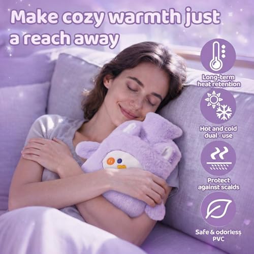 Image of Hot Water Bottle with Plush Duck Cover 1000ML Premium Leak-Proof Heating Bag for Period Cramps, Back, Neck & Joint Pain Relief Hot & Cold Compress for Muscle Injuries & Swelling with Bunny Sleeve (Lavender - Duckling)