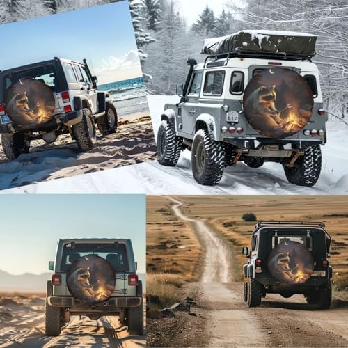 Image of Night Campfire Raccoon Spare Tire Cover for Rv SUV Truck Camper Trailer,Cute Animal Tire Cover Wheel Covers Universal Fit,15 inch