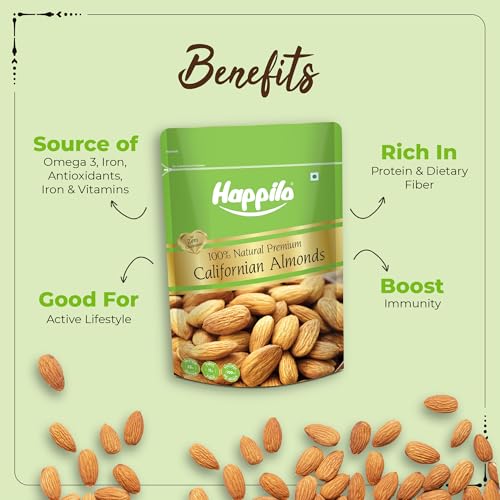 Image of Happilo Premium Natural Californian Almonds 1 Kg (Pack of 2) | Badam Giri, Healthy Snacks, Dry Fruits | Crunchy Nuts | High in Fiber | Rich in Protein | Magnesium | Phosphorus | Zero Cholesterol