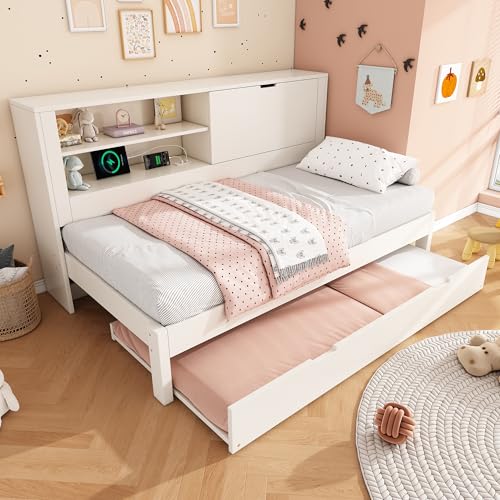 BXEYXE Sofá cama individual 90 × 190 cm con cama nido 90 × 190 cm, marco de cama blanco con espacio de almacenamiento, compartimento abierto, espacio de almacenamiento plegable oculto, base de carga