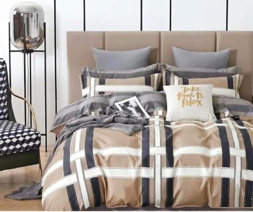 Image of Polycotton Double Bed Bedsheet, Flat Sheet with 2 Pillow Covers, Queen (90x100 inch), 300 TC, Grey & Cream, Set of 3