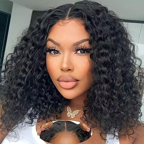 Wear and Go Glueless Wigs Human Hair Pre Plucked Pre Cut Lace Front Wigs for Black Women 180 Density Water Wave Bob Wig Human Hair Curly Wig (14 Inch)