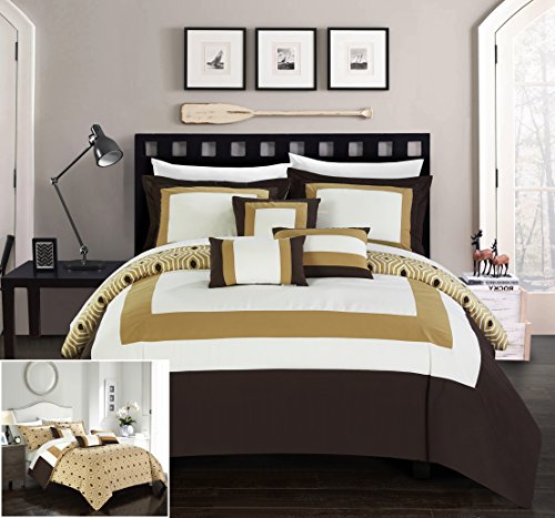 Chic Home Gold Reversible Bed in a Bag Comforter Set, Queen Size (10 Piece), Jake - Microfiber Bedding - Comforter, Pillow Shams, Fitted & Flat Sheets, Pillowcases and Decorative Pillows