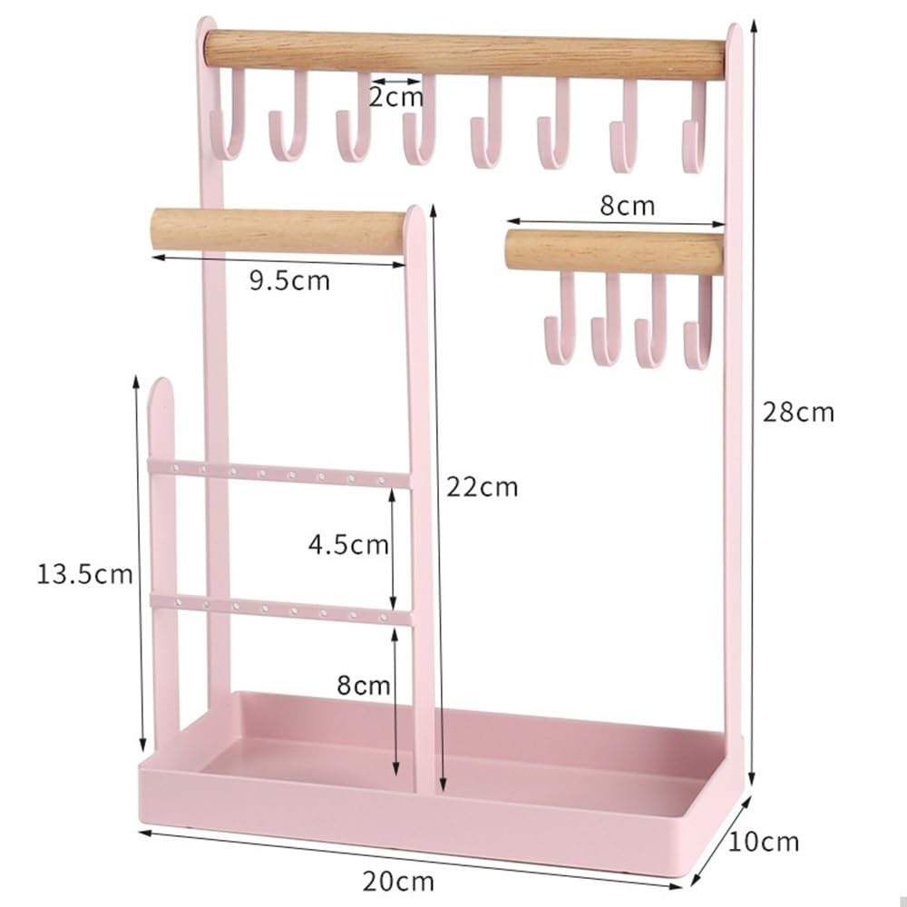 organizator biżuterii Drewniany metalowy stojak na biżuterię z haczykami dla Vanity | Do Naszyjników Kolczyków Bransoletek(Pink)