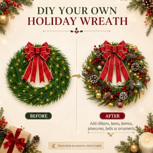 Pinkpum 26" Real Touch Cedar Christmas Wreath with Lights & Bow - image 2