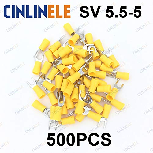 Davitu 500pcs Crimp Terminal SV 5.5-5 AWG12-10 2.63-6.64mm^2 Crimp Fork Spade terminals Fork Terminal Brass SV5.5-5