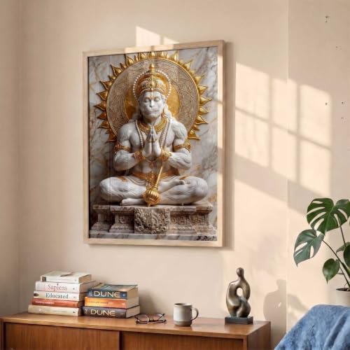 Image of CRAFTLYN Hindu God Wall Art WALL ART Prints Framed Spiritual Religious Paintings for Living Room, Pooja Room, Bedroom, Office, Meditation Room, Home Decor (Hanuman ji, 13X19, Brown)