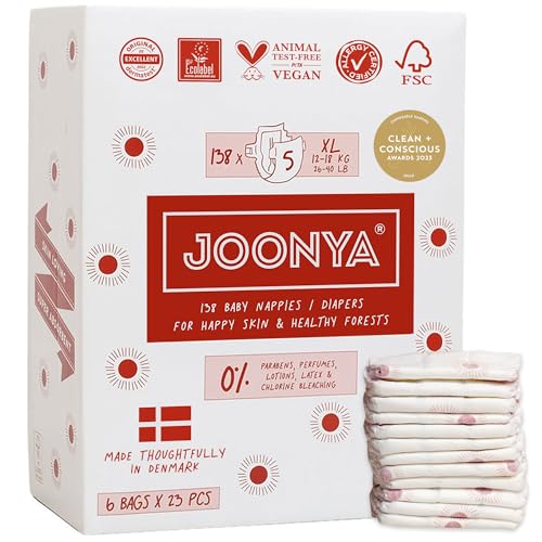 Image of Joonya Baby Diapers, Size 5 XL (26-40 lb) - 6 Bags of 23 (138) - Non Toxic, Eco-Friendly, High Absorbency, Overnight Use, Ultra Slim & Soft - Made in Denmark
