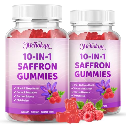 Saffron Supplements Gummies for Kids & Adults Vision, Zzz, Focus & Cortisol with Ashwagandha, L-Theanine, Rhodiola Rosea, St.John's Wort, Lemon Balm, Vitamin D3, B6, Magnesium & Zinc, Raspberry, 120