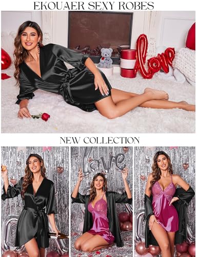Image of Ekouaer Women's Satin Robe Valentines Lingerie for Women Kimono Bathrobe Short Ruffle Belted Robes Bridesmaids Sleepwear