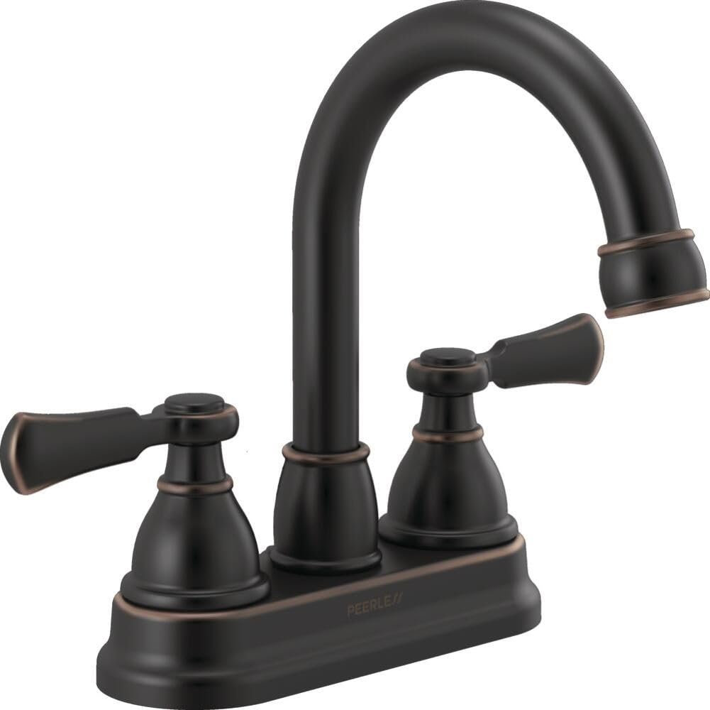 Peerless Elmhurst Two-Handle Centerset Bath Faucet in Oil-Rubbed Bronze installed on a bathroom vanity.