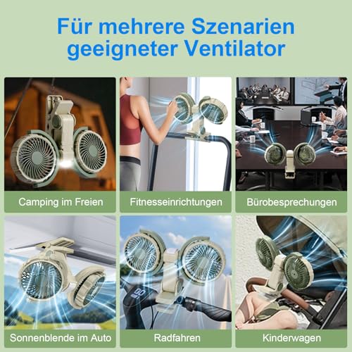NIFBANG Clip Ventilator Akku mit Licht, USB C Aufladbar Leise Fan Doppelkopf Wandventilator,Stark Lufter Klemmbar für Büro, Bett,Schlafzimmer, Auto, Wohnmobil, Outdoor Camping Klemmventilator(Grün)