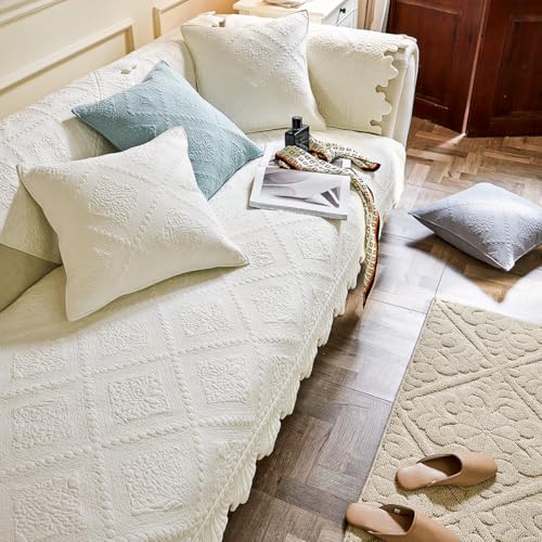 vctops Neutral Cotton Quilted Couch Sofa Cover Floral Embroidery Non-Slip Sectional Couch Covers Soft Cozy Sofa Slipcover for Dogs Cats Pet Armrest Backrest Cover (Cream,28