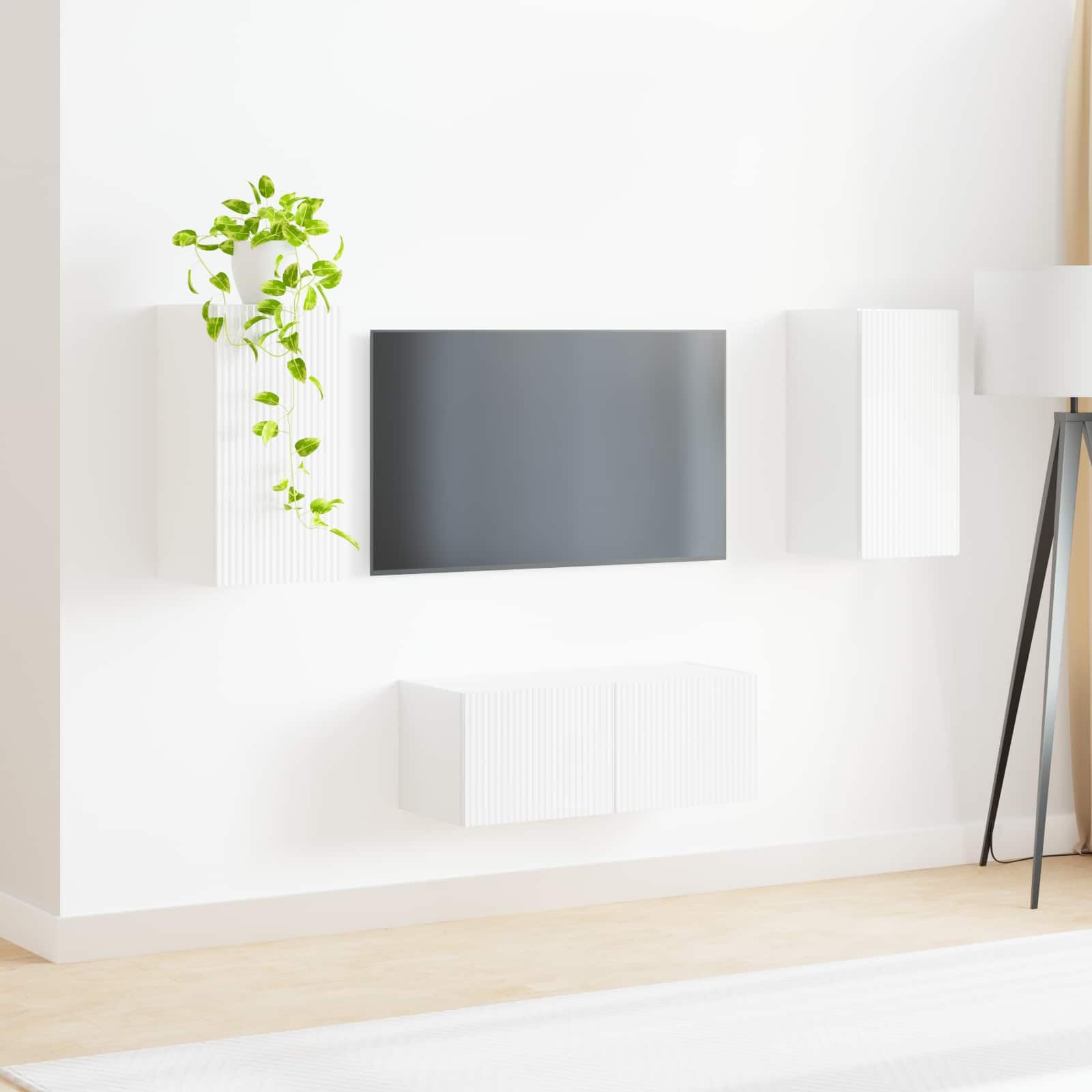 TV-Schrankset Wandmontiert 2-teilig, Hochglanz Weiß Holzwerkstoff, Modernes Media-Center für Wohnzimmer, Schlafzimmer, 78,5x31x30 cm