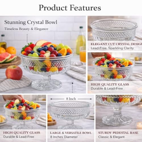 Image of Pure Source India Premium Crystal Footed Fruit Bowl - Elegant Multipurpose Serving Dish (7.75 inch x 5.75 inch)