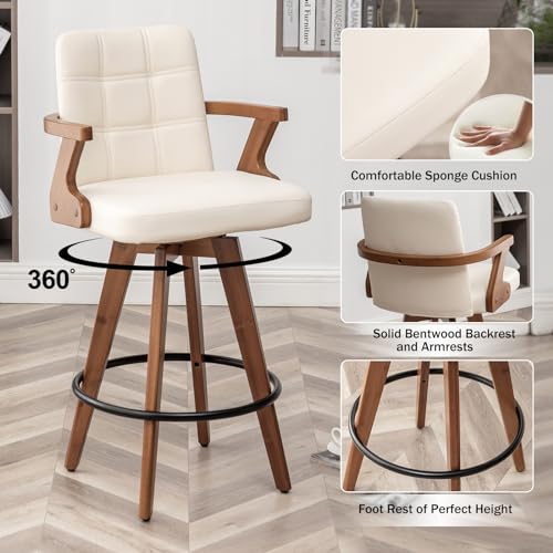 Butaco MEKLIBA de 26 pulgadas, tapizado en cuero sintético, con respaldo y brazos, giratorio, para isla de cocina, set de 3 unidades, color beige miniatura 3