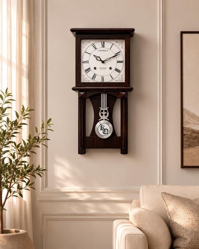 Image of Premium Wooden Pendulum Wall Clock with Musical Chime Sound, Roman Numeral White Dial, Silent Sweep Quartz Movement, Classic Rose Wood Finish, Battery Operated Decorative Wall Clock (22 x11x 3.5 Inch)