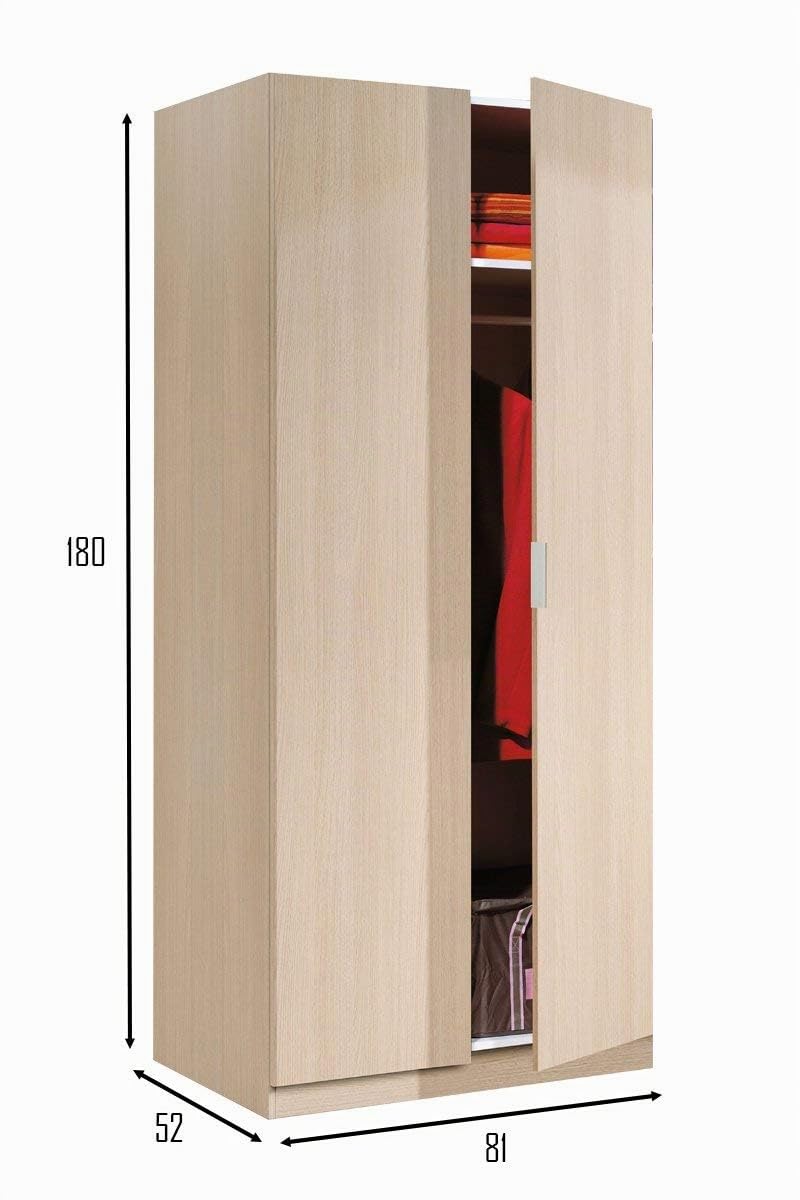 Bricozone Armadio Guardaroba 2 Ante Battenti Salvaspazio Con Asta Appendiabiti E Ripiano Interno Struttura In Melaminico Finitura Rovere 81x52x180 Cm (Rovere chiaro)