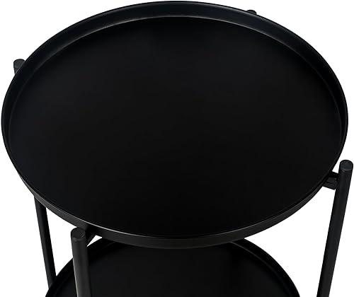 Miniatura 8 de Joveco Mesa auxiliar redonda pequeña, mesa auxiliar plegable de metal de 2 niveles con bandeja extraíble, mesita de noche moderna para sala de estar