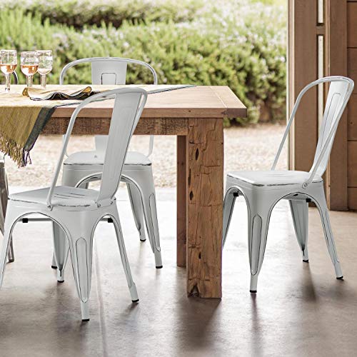 Image of Devoko Metal Indoor-Outdoor Chairs Distressed Style Kitchen Dining Chairs Stackable Side Chair with Back Set of 4 (White)