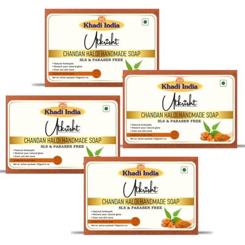 Image of Khadi Chandan Haldi Handmade Bathing Soap Bar 125g (Pack of 4) | Natural & Herbal Anti-Aging Soap for Glowing Skin | Fades Dark Spots & Pigmentation | Reduces Acne & Pimples | All Skin Types