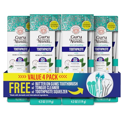 Image of GuruNanda Hydroxyapatite Toothpaste with Neem, SLS & Fluoride Free, 4x4.2oz | Whitening Toothpaste for Sensitive Teeth with Xylitol|Fights Plaque|Has Toothbrush, Tongue Scraper, Squeezer|CocoMint Jasmine