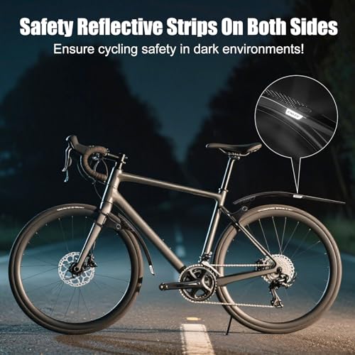 ENLEE Set de Guardafangos para Bicicleta 2 piezas, Delantero y Trasero, Reflectante, para Bicicleta de Carretera, Gravel y Plegable, Ligero e Impermeable, Color Negro, Para Neumáticos de 23-35mm miniatura 5