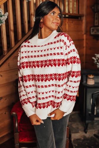 Women's White Western Geometric Patterned Crew Neck Loose Sweater4