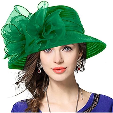 VECRY Lady Derby Dress Church Cloche Hat Bow Bucket Wedding Bowler Hats (Green) Cover